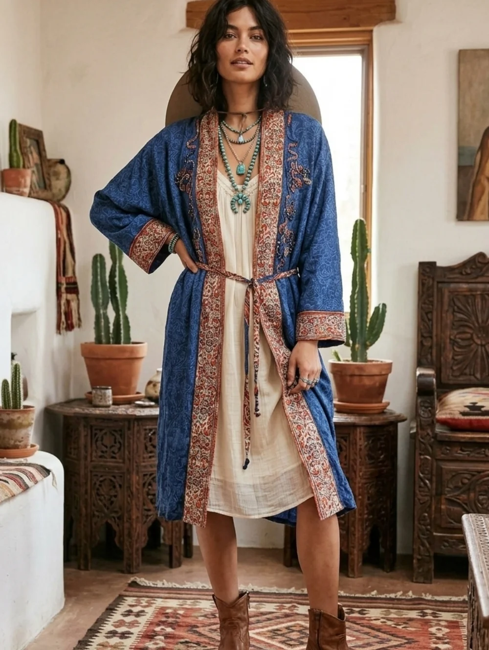 Vintage Carole Little Blue Boho Soutache Kimono Wrap Jacket, Size 6